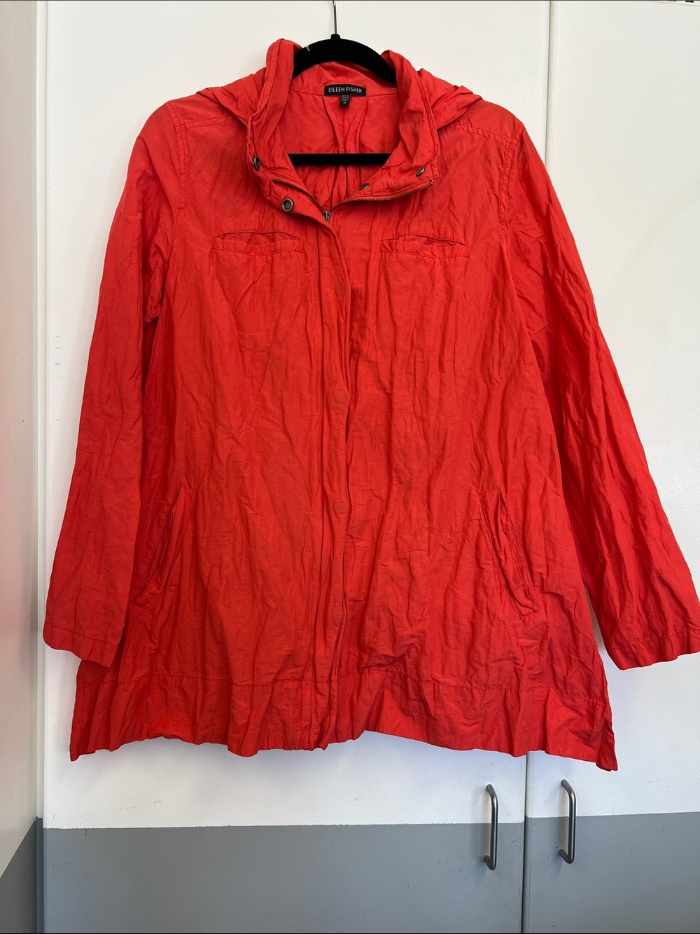 Eileen Fisher Coral-Red Bold Bright Color Lightweight Hooded Trench Coat Jacket